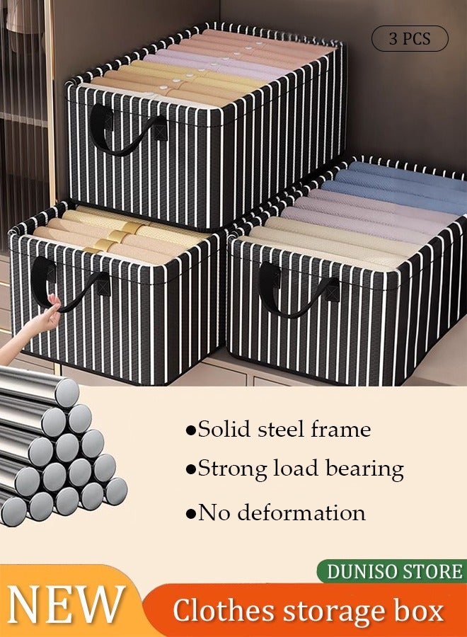 DUNISO 3 pieces wardrobe clothing storage box set, visible linen storage box, foldable wardrobe storage basket with metal frame, sturdy handle, clothes and toy storage box, washable storage box  - Image 3