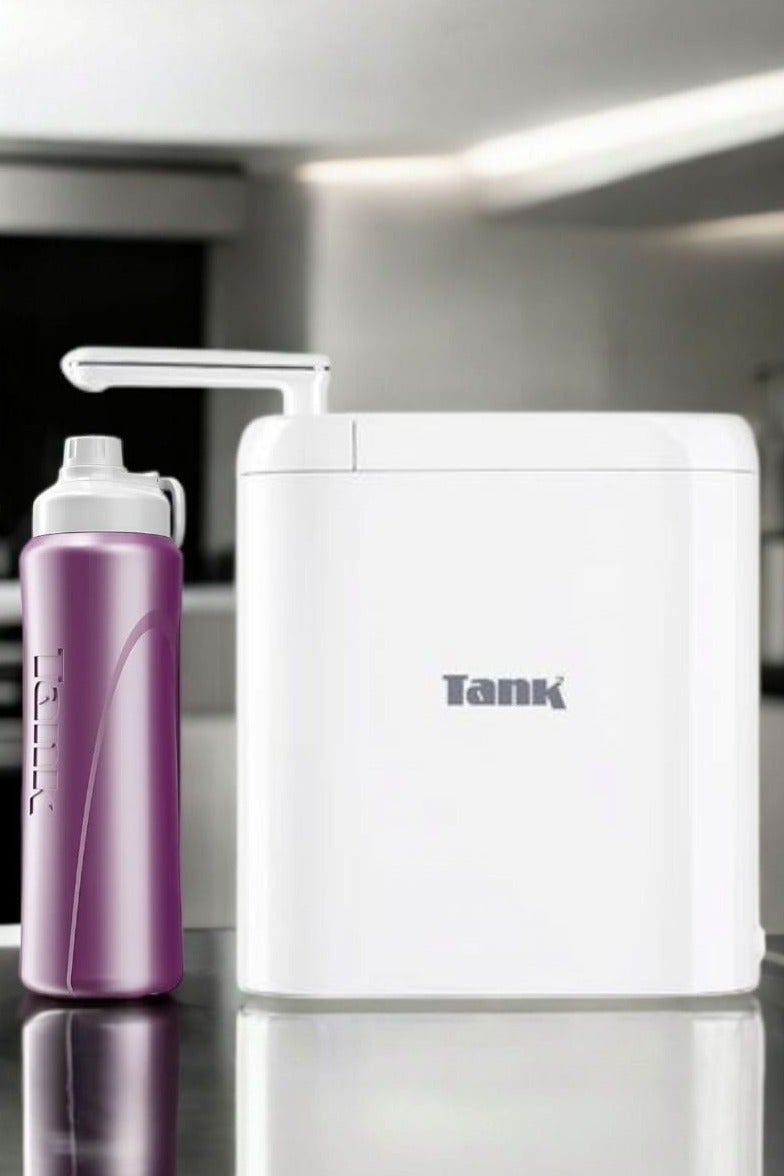 TANK Tank Pro Water Filter - 6 Pressurized Filtration Functions, White, Digital Timer + Tank Me Super Cool Bottle 1L - Purple Gift