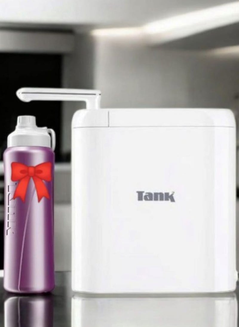 Tank Pro Water Filter - 6 Pressurized Filtration Functions, White, Digital Timer + Tank Me Super Cool Bottle 1L - Purple Gift