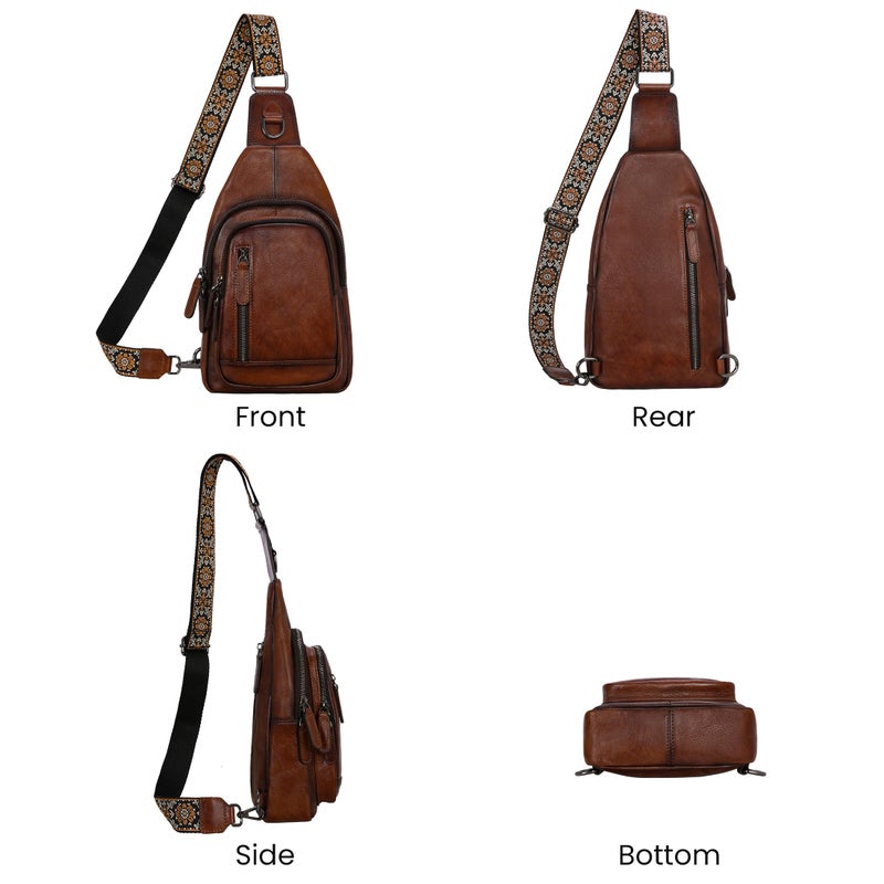 HESHE Leather Sling Bag for Women Crossbody Bags with Multi-Pocket Stylish Fanny Packs for Travel Chest Bag (Coffee) - Image 5