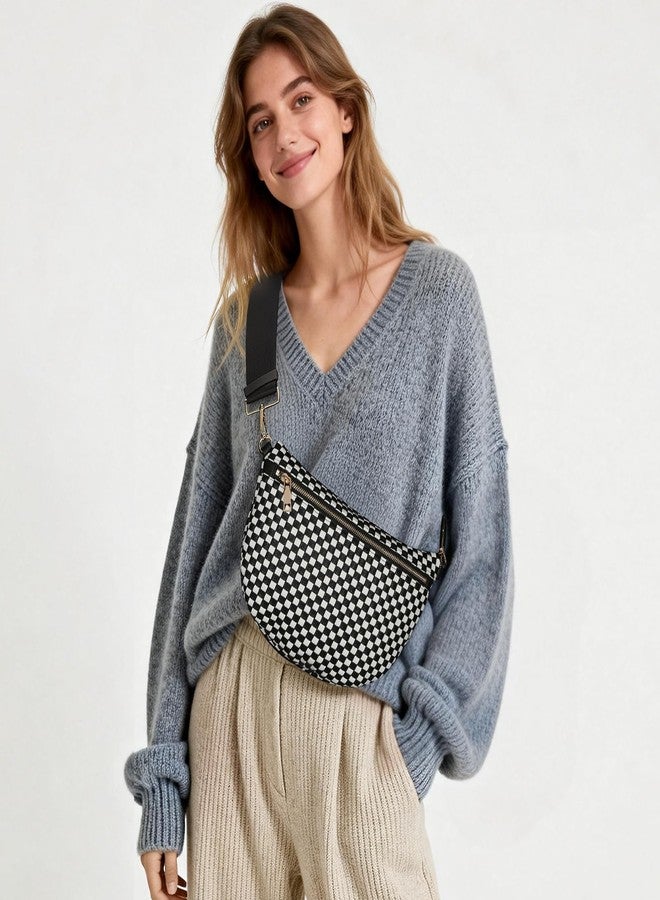 YFGBCX Woven Crossbody Bags for Women Bum Bag Checkered Sling Bag Faux Leather Crossbody Purse, Black, 11.81"L x 0.79"W x 7.87"H, Crossbody, Modern - Image 2