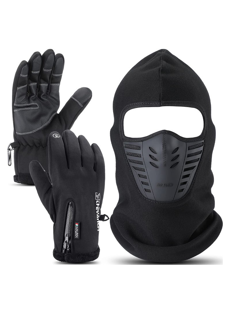 KASTWAVE Winter Balaclava Face Mask with Ski Gloves, Cold Weather Full Ski Mask with Breathable Air Face Cover Touch Screen Gloves for Men Women Skiing, Riding (Black) - Image 1