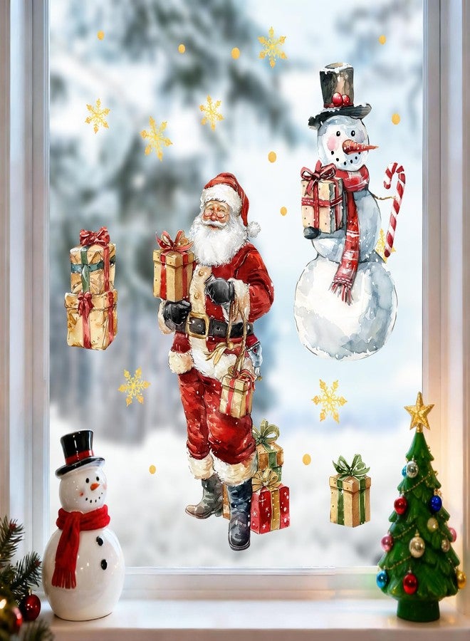 Mfault Christmas Santa Claus Snowman Window Clings 4 Sheets, Xmas Gifts Gold Snowflake Stickers Decals Decorations, Winter Holiday Polka Dots Home Kitchen Decor - Image 1