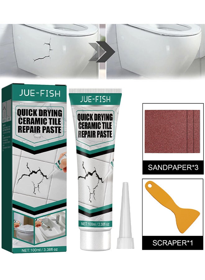 جوي فيش معجون إصلاح بلاط السيراميك سريع التجفيف ، مع 3 ورق صنفرة و 1 مكشطة حوض استحمام أثاث رخامي بلاط إصلاح الكراك بلاط لاصق سريع التجفيف ، مانع تسرب إصلاح البلاط ، سد إصلاح بلاط الأرضيات ، 100 مل - Image 1