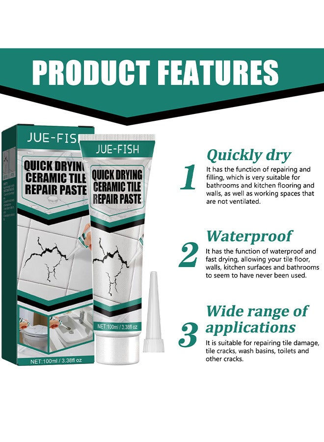 جوي فيش معجون إصلاح بلاط السيراميك سريع التجفيف ، مع 3 ورق صنفرة و 1 مكشطة حوض استحمام أثاث رخامي بلاط إصلاح الكراك بلاط لاصق سريع التجفيف ، مانع تسرب إصلاح البلاط ، سد إصلاح بلاط الأرضيات ، 100 مل - Image 3