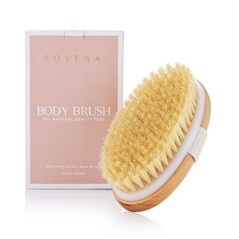 rosena Dry Brushing Body Brush - Best for Exfoliating Dry Skin, Lymphatic Drainage and Cellulite Treatment - Organic Spa Exfoliator and Massage Scrub Brush with Natural Boar Bristles (Oval) - Image 1