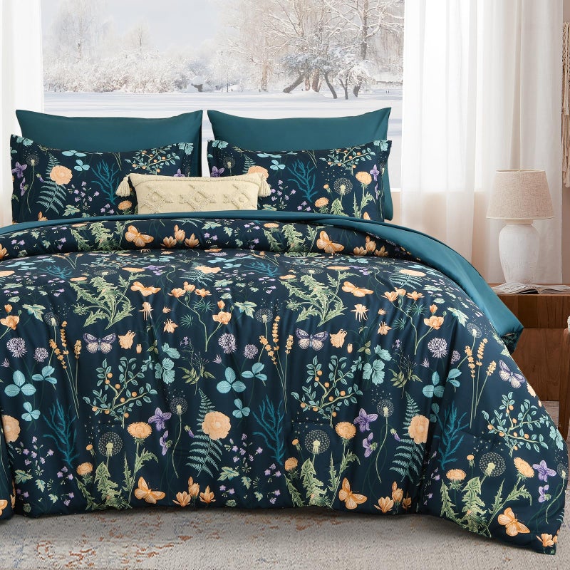 Yiran King Size Comforter Set 7 Pieces Peacock Blue Botanical Floral Winter Comforter Bedding Set Bed in a Bag King Soft Microfiber Complete Bedding Set with Sheets for All Season