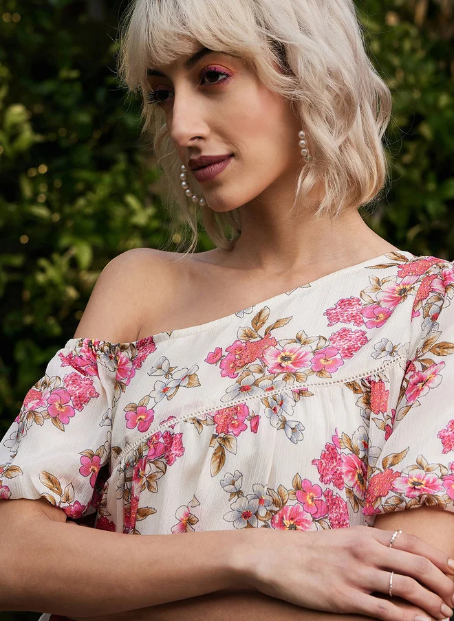 SASSAFRAS Floral Printed One-Shoulder A-Line Dress for Women