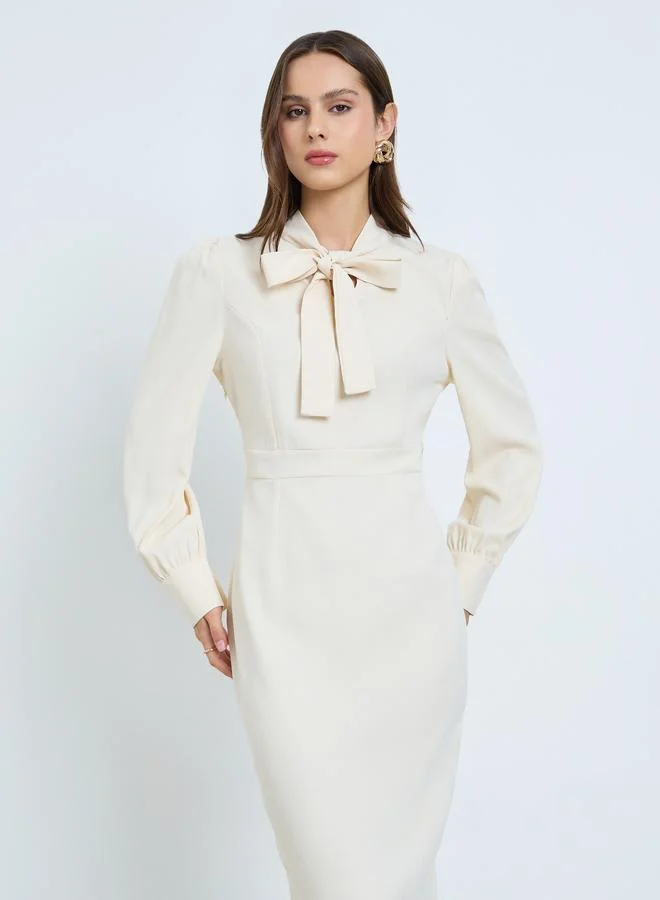 Take Two Solid Tie-Up Neck Fitted Waist Knee Length Dress