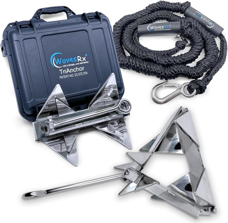 WAVESRX PWC Anchoring Bundle - 5lb TriAnchor with 7ft AnchorMate Bungee Line (Stretches to 25ft) | Effortless Anchoring for Jet Skis, Dinghies & Skiff Boats | Unique Folding Design with Storage Case - Image 1