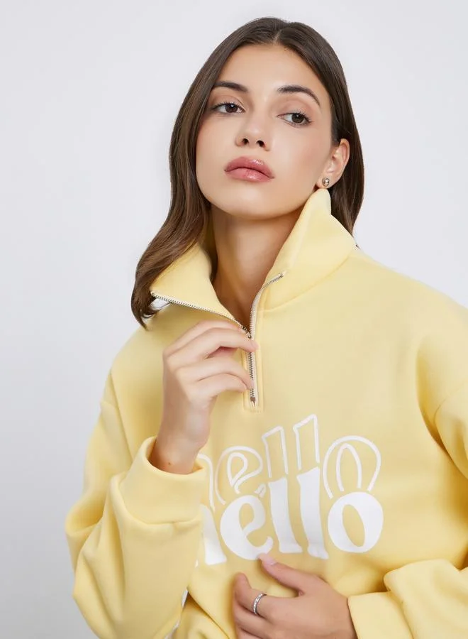Take Two Take Two Yellow Slogan Print Half Zip Sweater