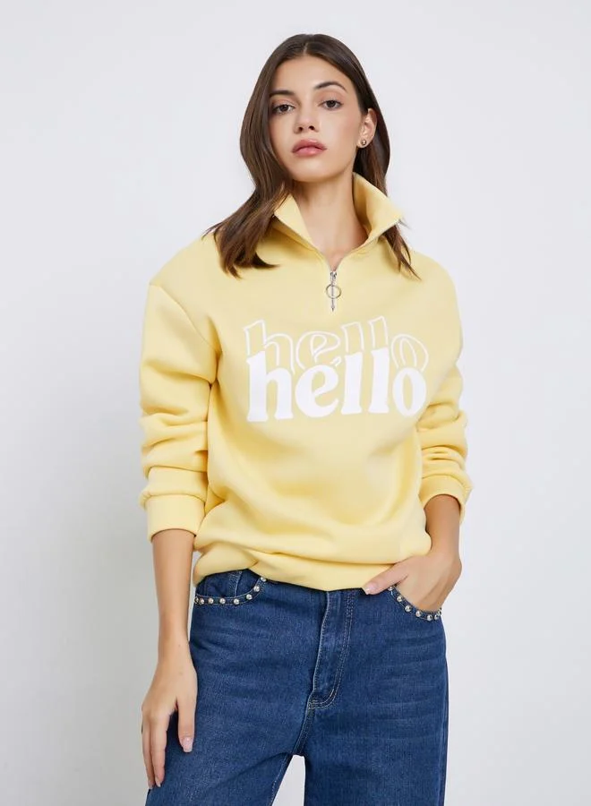 Take Two Take Two Yellow Slogan Print Half Zip Sweater