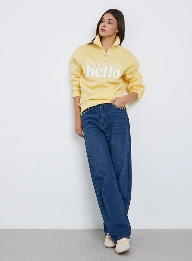 Take Two Take Two Yellow Slogan Print Half Zip Sweater