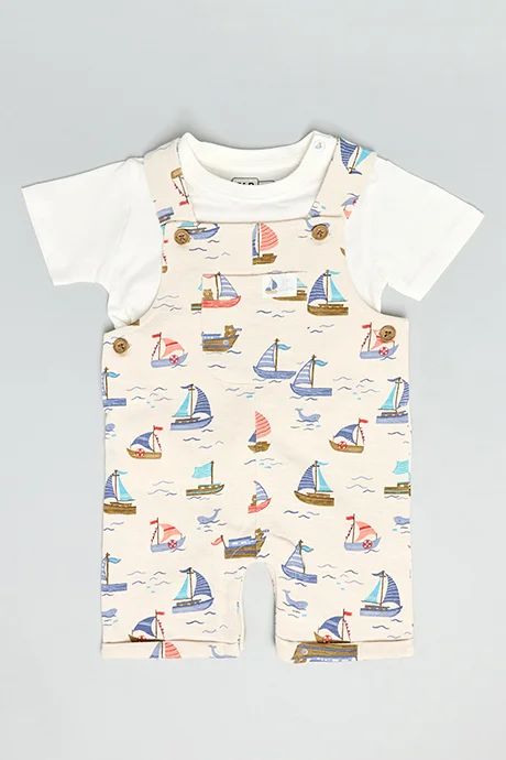 R&B Solid T-Shirt & Printed Dungaree Set