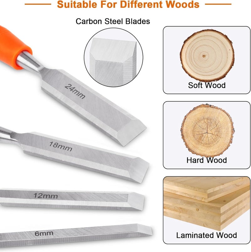 NIKTION 4 Piece Wood Chisel Sets Woodworking Tools Set, Wood Chisels for Woodworking with Steel Hammer End, Wood Tools Chisel Set Woodworking with Ergonomic Plastic Handle - Image 4