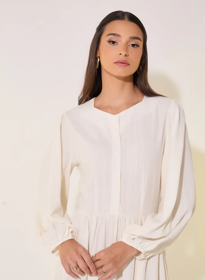Take Two Take Two Solid Balloon Sleeve Midi Dress with Button Detail