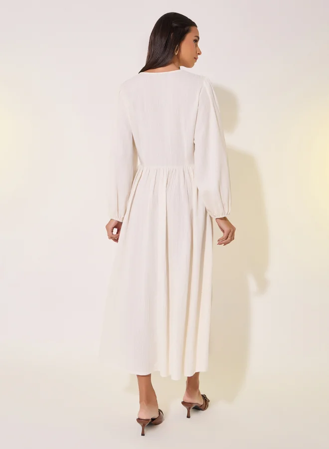 Take Two Take Two Solid Balloon Sleeve Midi Dress with Button Detail