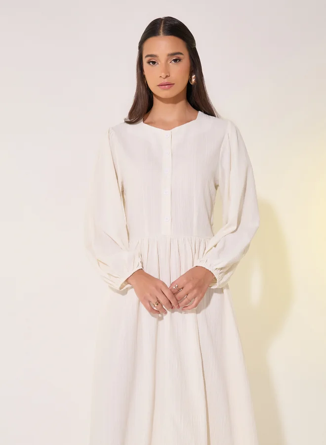 Take Two Take Two Solid Balloon Sleeve Midi Dress with Button Detail