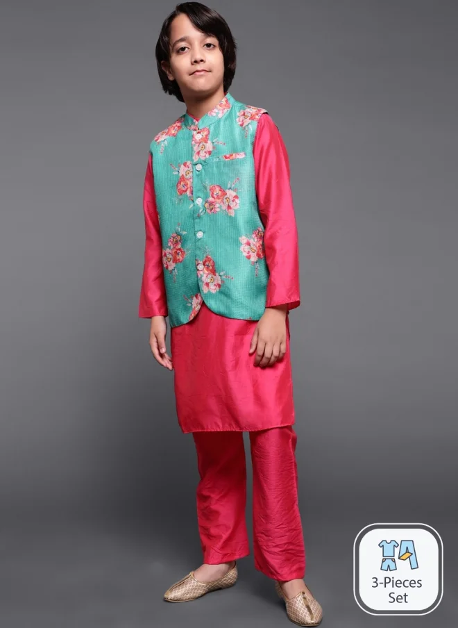 AKS 3-Piece Kids Kurta Set for Boys in Pink and Green