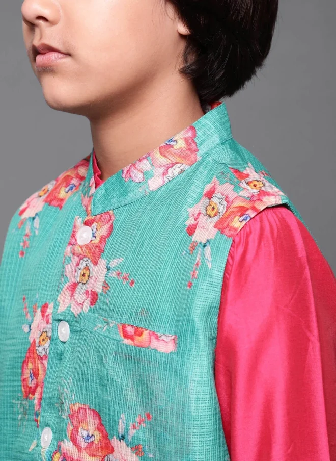 AKS 3-Piece Kids Kurta Set for Boys in Pink and Green