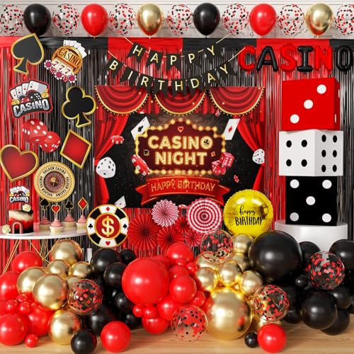 PUGED Casino Theme Party Decoration Las Vegas Birthday Party Dino Casino Night Poker Party Supplies Set for Adults Include Balloon Garland Kit Casino Backdrop Cake Toppers Gold Curtain and Foil Balloons - Image 1