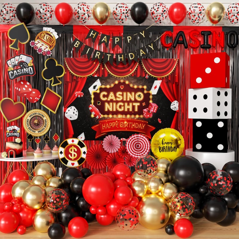 PUGED Casino Theme Party Decoration Las Vegas Birthday Party Dino Casino Night Poker Party Supplies Set for Adults Include Balloon Garland Kit Casino Backdrop Cake Toppers Gold Curtain and Foil Balloons - Image 3
