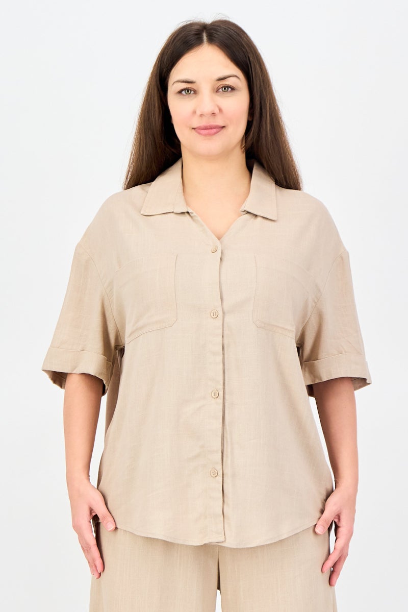 ANNE KLEIN Women 2 Pieces Spread Collar Short Sleeve Solid Shirt And Palazzo Pants Set, Beige - Image 3