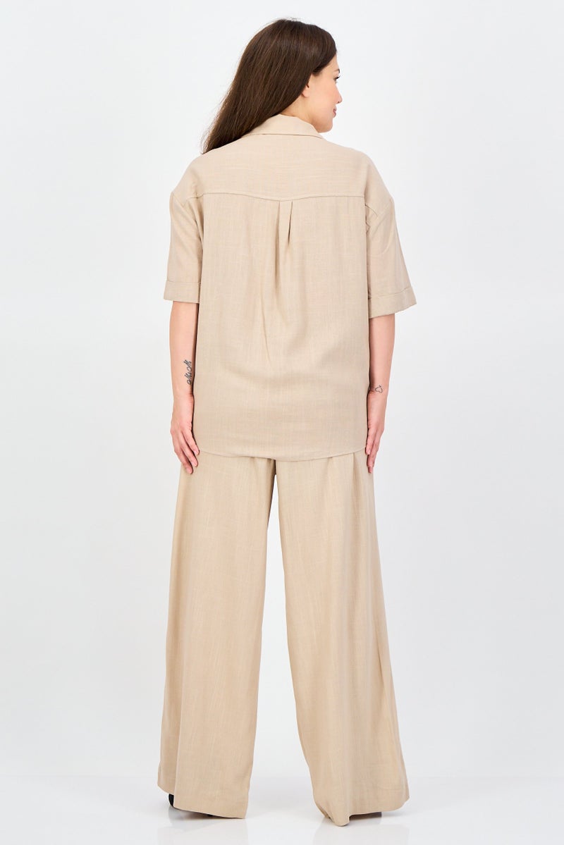 ANNE KLEIN Women 2 Pieces Spread Collar Short Sleeve Solid Shirt And Palazzo Pants Set, Beige - Image 4