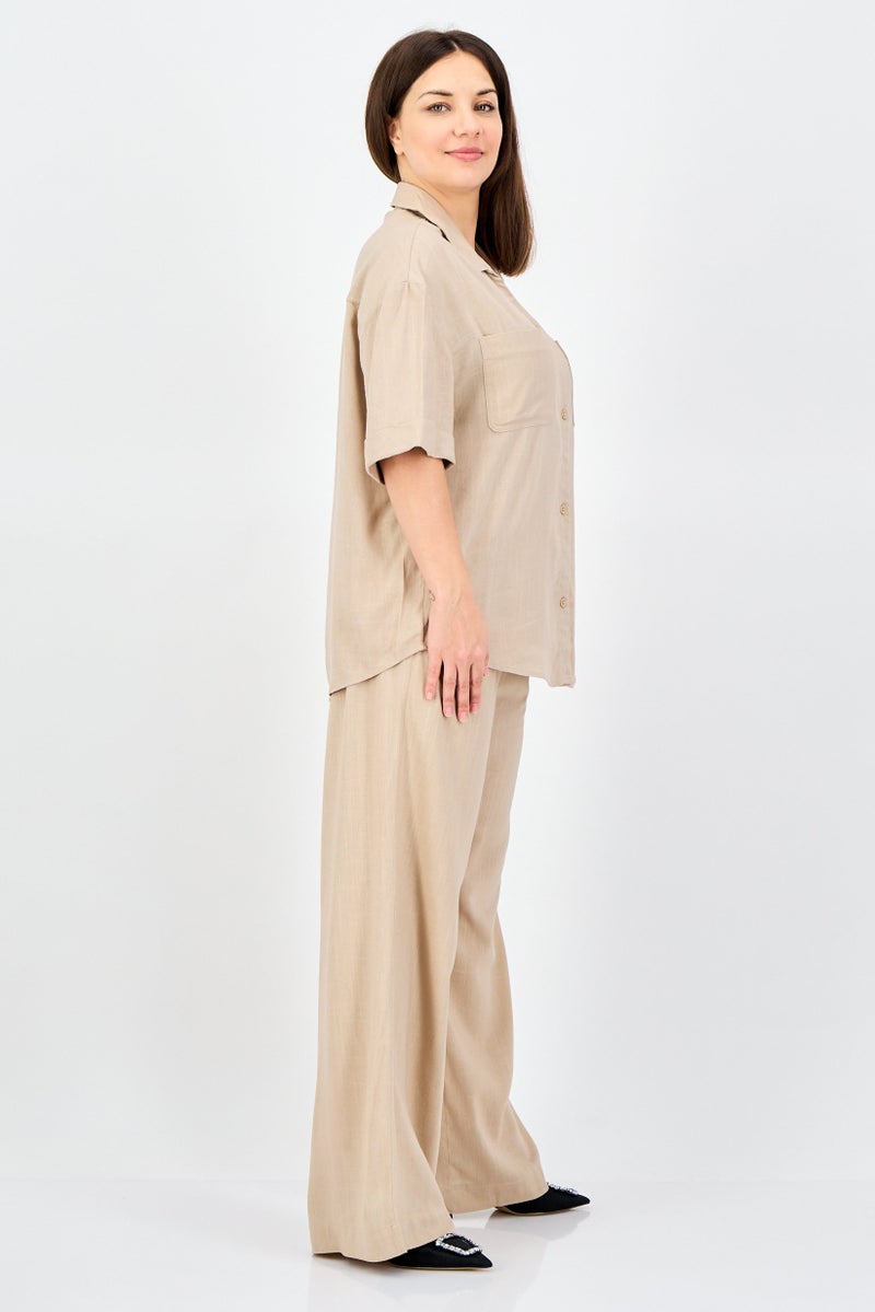 ANNE KLEIN Women 2 Pieces Spread Collar Short Sleeve Solid Shirt And Palazzo Pants Set, Beige - Image 2