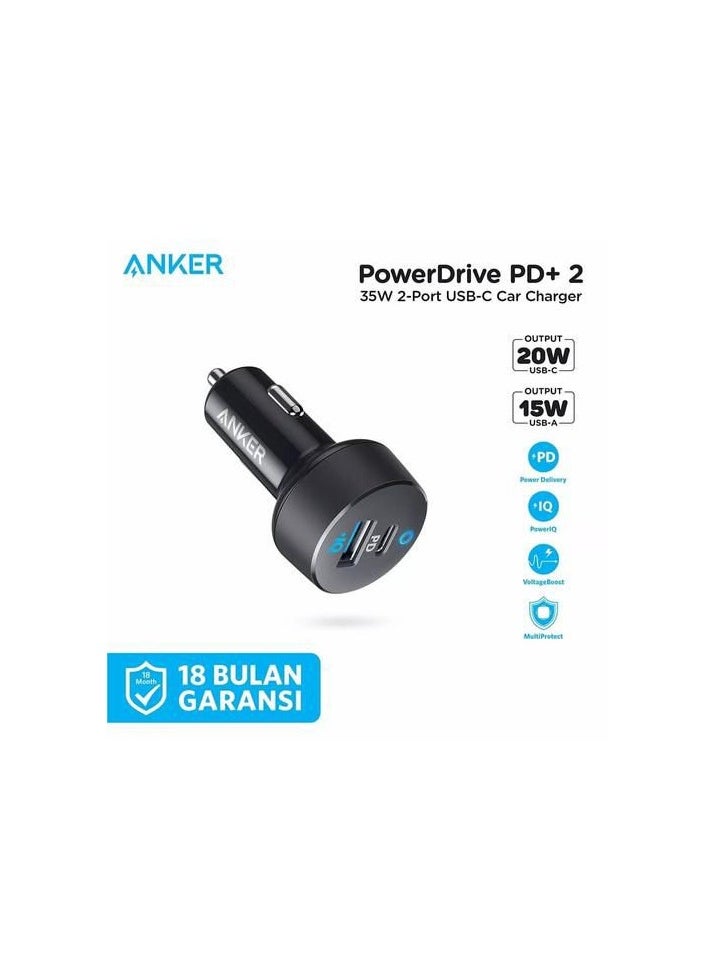 أنقرة - شاحن سيارة أنكر PowerDrive PD+ 2 بمنفذين USB-C وUSB-A بقوة إجمالية 35 واط. يدعم تقنية Power Delivery بقوة 20 واط للشحن السريع عبر منفذ USB-C، و15 واط عبر منفذ USB-A. يتميز بتقنيات PowerIQ وVoltageBoost لتوفير شحن آمن وسريع لجميع الأجهزة. تصميم صغير وأنيق يناسب جميع السيارات - Image 1