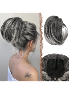 Hair Bun Hairpiece Fully Short Ponytail Bun Hair Chignon With Comb Clip Bun Updo Drawstring Bun Synthetic Highlight Hair Pieces Extension For Women Gray And White Tips