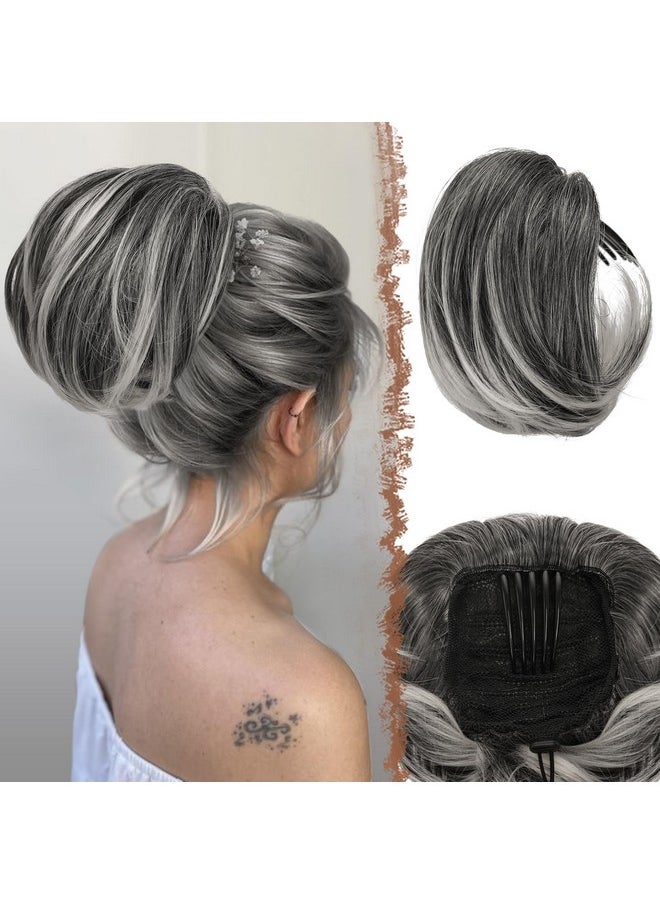 FESHFEN - Hair Bun Hairpiece Fully Short Ponytail Bun Hair Chignon With Comb Clip Bun Updo Drawstring Bun Synthetic Highlight Hair Pieces Extension For Women Gray And White Tips - Image 1