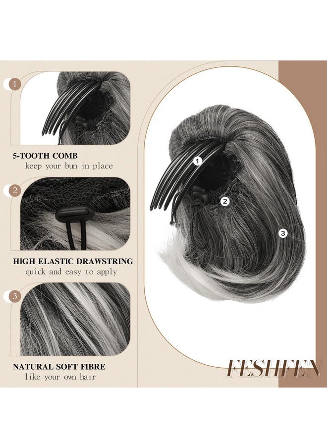 FESHFEN - Hair Bun Hairpiece Fully Short Ponytail Bun Hair Chignon With Comb Clip Bun Updo Drawstring Bun Synthetic Highlight Hair Pieces Extension For Women Gray And White Tips - Image 1