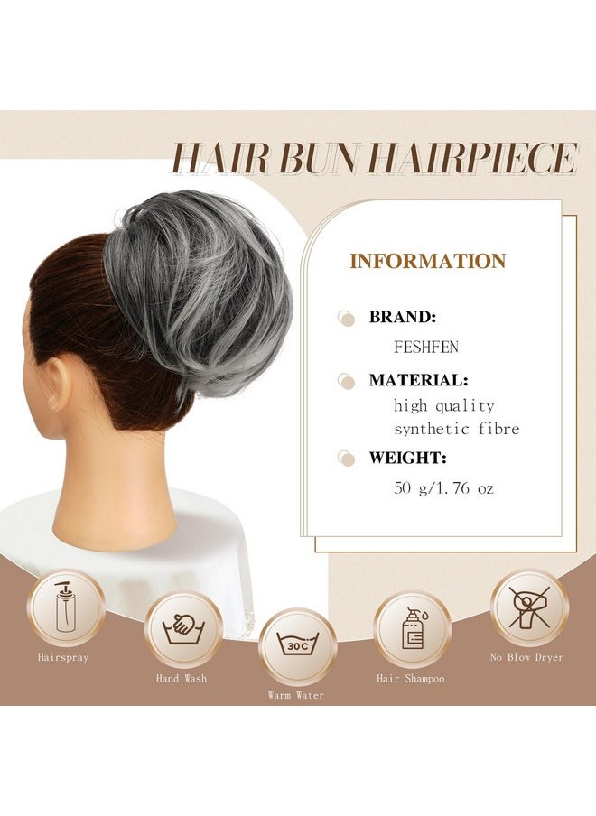 FESHFEN - Hair Bun Hairpiece Fully Short Ponytail Bun Hair Chignon With Comb Clip Bun Updo Drawstring Bun Synthetic Highlight Hair Pieces Extension For Women Gray And White Tips - Image 1