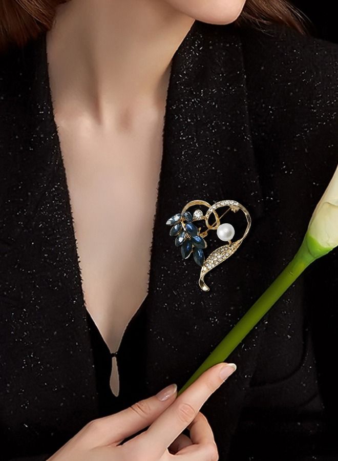 RARELY Blue Crystal Leaf Gold Heart Brooch Pin for Women - Image 2