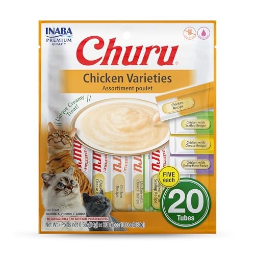 INABA Churu Cat Treats, Grain-Free, Lickable, Squeezable Creamy Purée Cat Treat/Topper with Vitamin E & Taurine, 0.5 Ounces Each Tube, 20 Tubes, Chicken Variety - Image 1