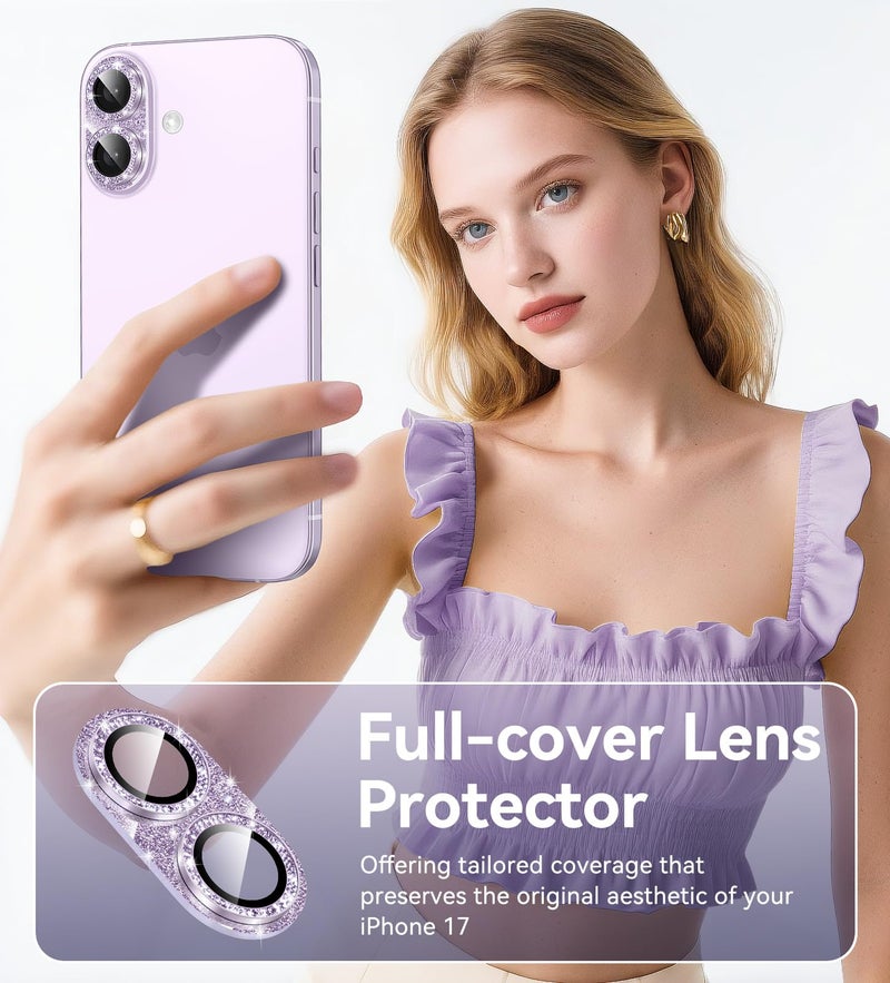 Matekxy for iPhone 17 Camera Lens Protector Glitter - Cute Girly Metal Bling Camera Cover for Women, 9H Anti-Scratch Tempered Glass with Aluminum Edging, Lavender - Image 4