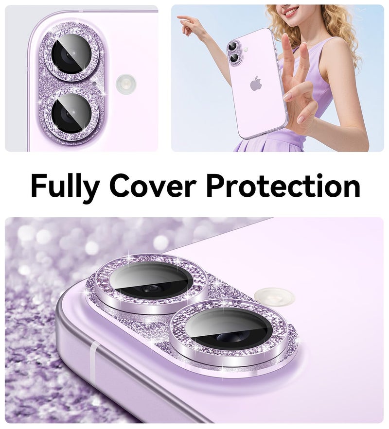 Matekxy for iPhone 17 Camera Lens Protector Glitter - Cute Girly Metal Bling Camera Cover for Women, 9H Anti-Scratch Tempered Glass with Aluminum Edging, Lavender - Image 5