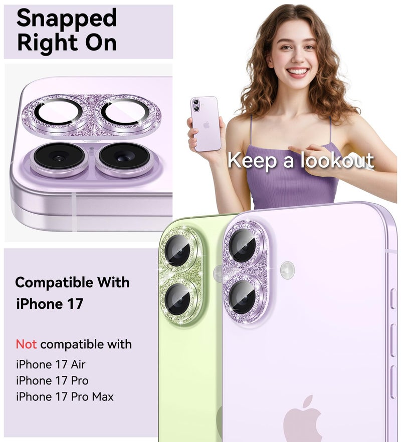 Matekxy for iPhone 17 Camera Lens Protector Glitter - Cute Girly Metal Bling Camera Cover for Women, 9H Anti-Scratch Tempered Glass with Aluminum Edging, Lavender - Image 2