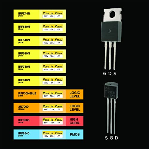 EEEEE 10 Values 70 Pcs Logic Level PMOS NMOS Kit MOSFET Transistor Assortment Kit N Channel P Channel MOSFET Driver IRFZ44N IRF530N IRF540N IRF640N IRF740 IRF840 RFP30N06LE 2N7000 IRF3205 IRF9540 - Image 5