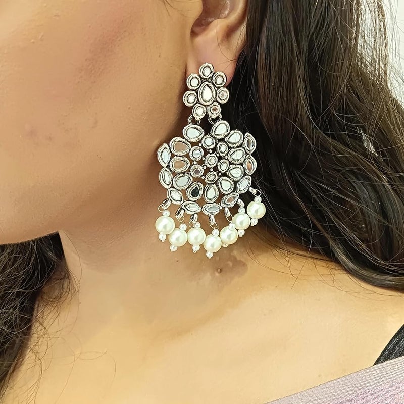 Efulgenz Crystal Glass Stone Earrings Faux Pearl Beads Dangle Chandelier Earring Set Traditional Oxidized Jewelry for Women - Image 3