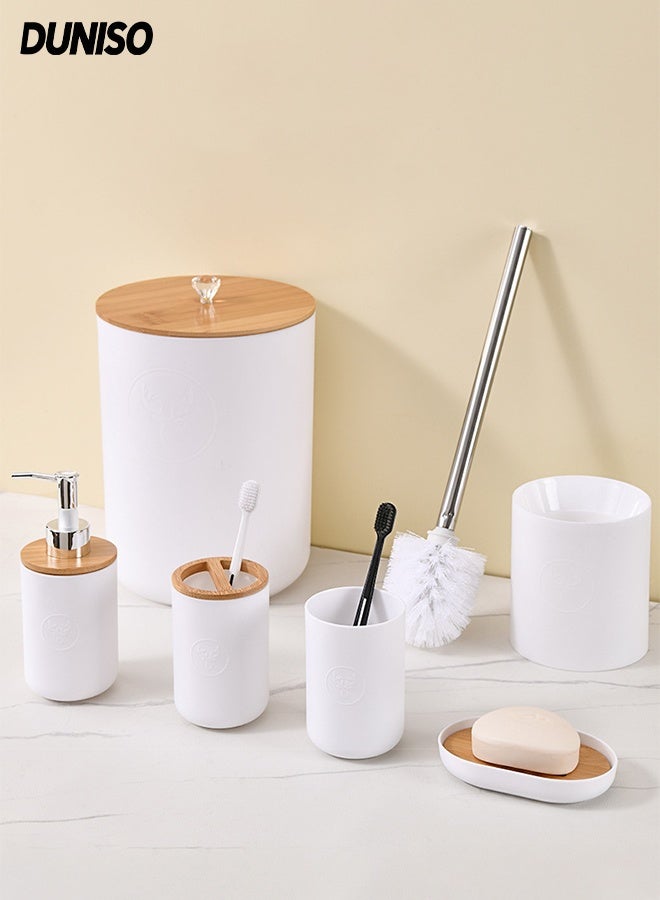DUNISO 6 Pieces Bathroom Accessories Set , Plastic Bath Set with Trash Can,Toilet Brush,Soap Dispenser,Soap Dish and Lotion Set ,Toothbrush cup, Toothbrush Holder (White) - Image 1