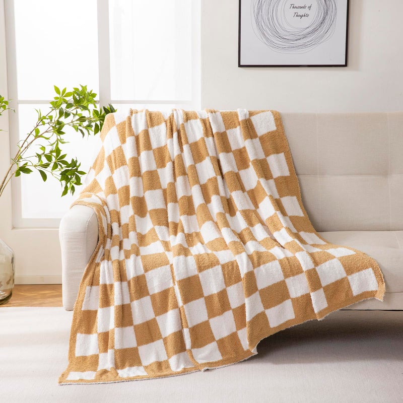 YIRUIO Throw Blanket Checkered Chessboard Fluffy Fuzzy Warmer Comfort Reversible Super Soft Cozy for Home Decor Bed Couch Sofa Living Room Burnt Orange 51x63