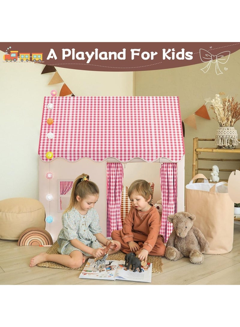 OHAHO Large Kids Tent Playhouse Indoor Outdoor with LED Cotton Ball Lights and Clip Butterfly Colorful flags Stickers Kids Toddler Play Tent Outdoor Playhouse for Baby Princess Castle Tent Indoor Play Room Toys for Boys Girls 3-10 Years Old (Pink)  - Image 2
