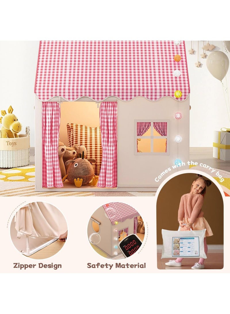 OHAHO Large Kids Tent Playhouse Indoor Outdoor with LED Cotton Ball Lights and Clip Butterfly Colorful flags Stickers Kids Toddler Play Tent Outdoor Playhouse for Baby Princess Castle Tent Indoor Play Room Toys for Boys Girls 3-10 Years Old (Pink)  - Image 3