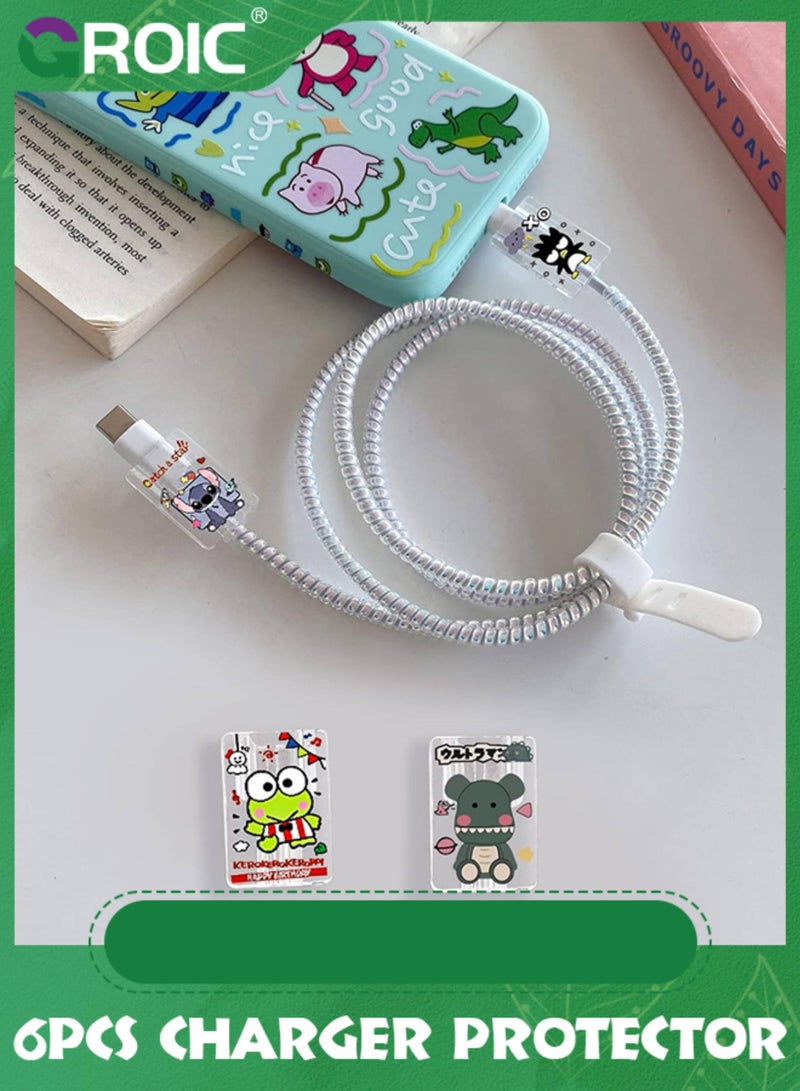 GROIC 6 Pcs Cute Cable Protector for iPhone Charger, Anime Pattern 4 End Protectors, 2 Silicone Spiral Protection Ropes, Cable Protector, Charging Cord Protector, Cable Chomper for iPad Charger Saver - Image 1