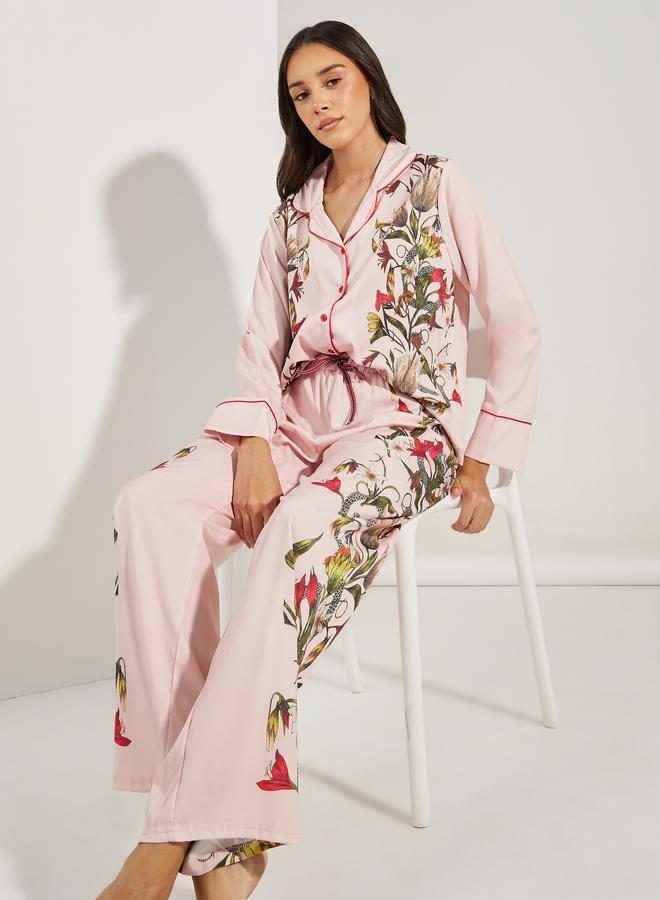 Styli Satin Floral Print Piped Trim Detail Shirt & Pyjama Set  - Image 1