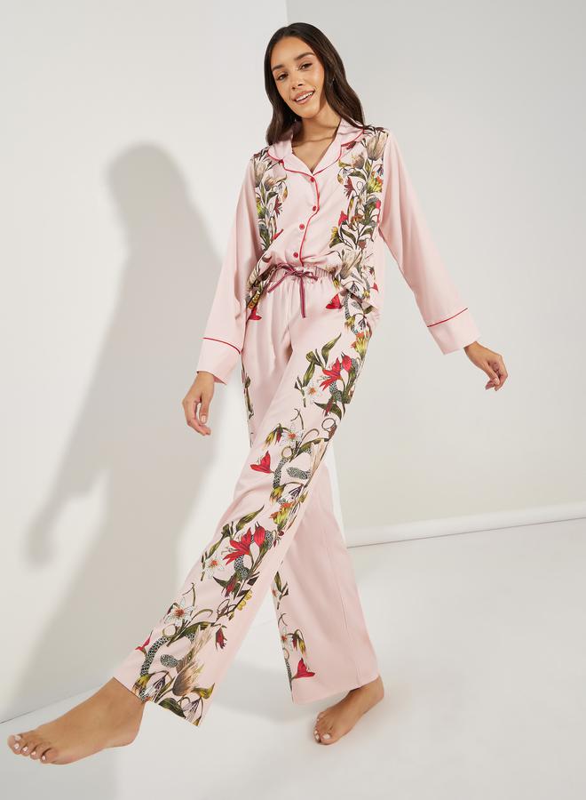 Styli Satin Floral Print Piped Trim Detail Shirt & Pyjama Set  - Image 5