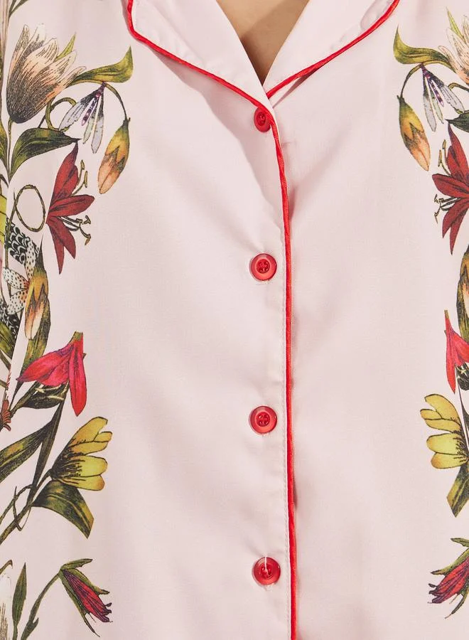 Styli Satin Floral Print Piped Trim Detail Shirt & Pyjama Set