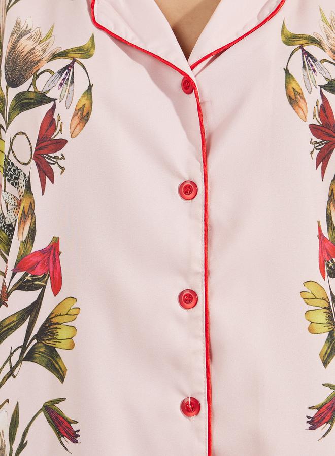 Styli Satin Floral Print Piped Trim Detail Shirt & Pyjama Set  - Image 4